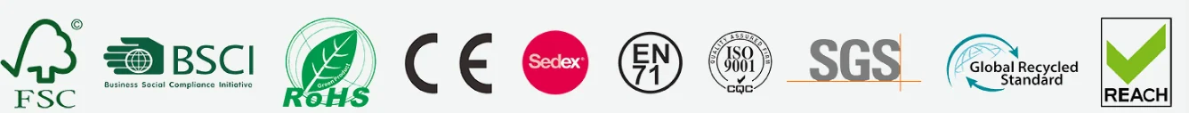 Reference marks for FSC, BSCI, RoHS, CE, Sedex, EN 71, ISO 9001, SGS, Global Recycled Standard and REACH