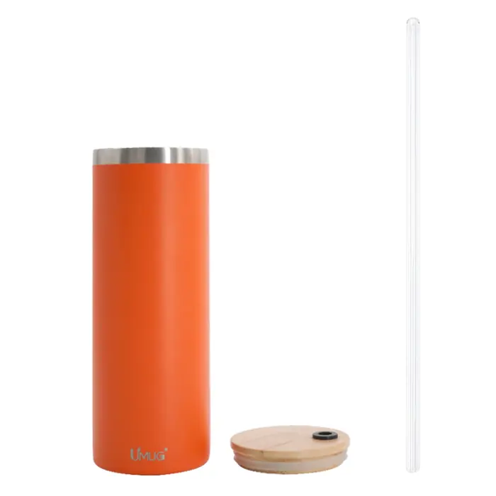 UMA0329 Stainless Steel With Wooden Lid And Straws Straight Cup