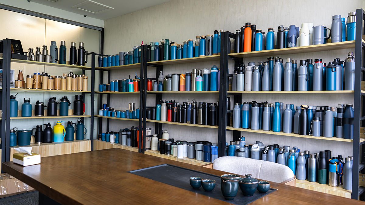 UMUG drinkware sample room wall
